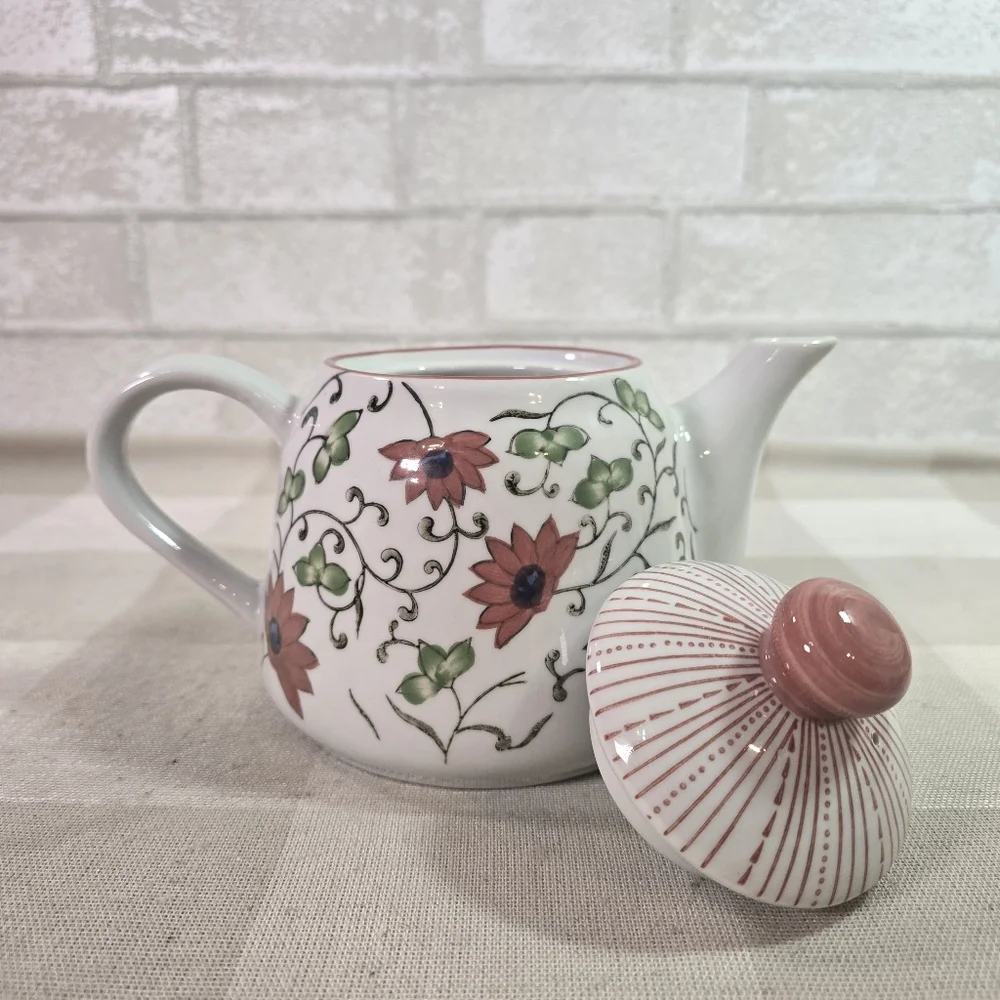 Pier 1 Imports Porcelain Floral Teapot & Cups Tea Set